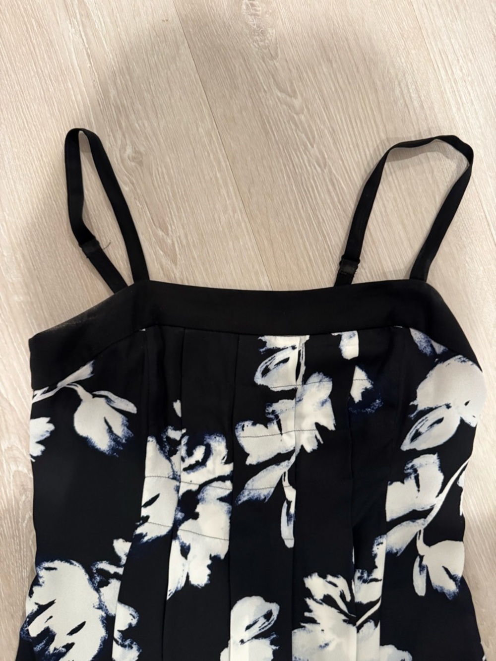 Black Floral Pleated Spaghetti Strap Dress